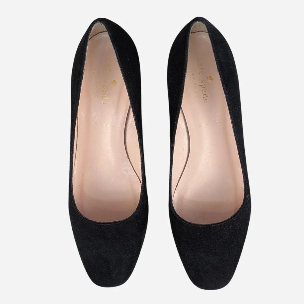 Kate Spade New York Black Suede Block Heel Pump Gold Hardware Size 7.5